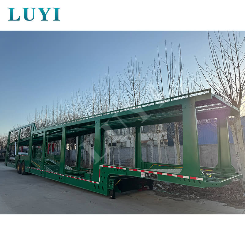 Green dual-axle vehicle transport trailer, car transport semi-trailer